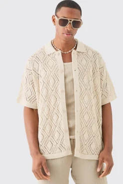 boohooMAN Boxy Oversized Patterned Open Stitch Knitted Shirt | UK| Shirts