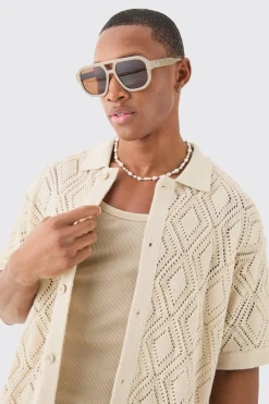 boohooMAN Boxy Oversized Patterned Open Stitch Knitted Shirt | UK| Shirts