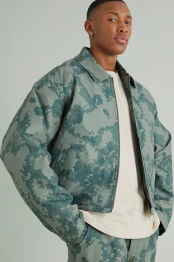 boohooMAN Boxy Pixelated Camo Harrington | UK| Coats & Jackets