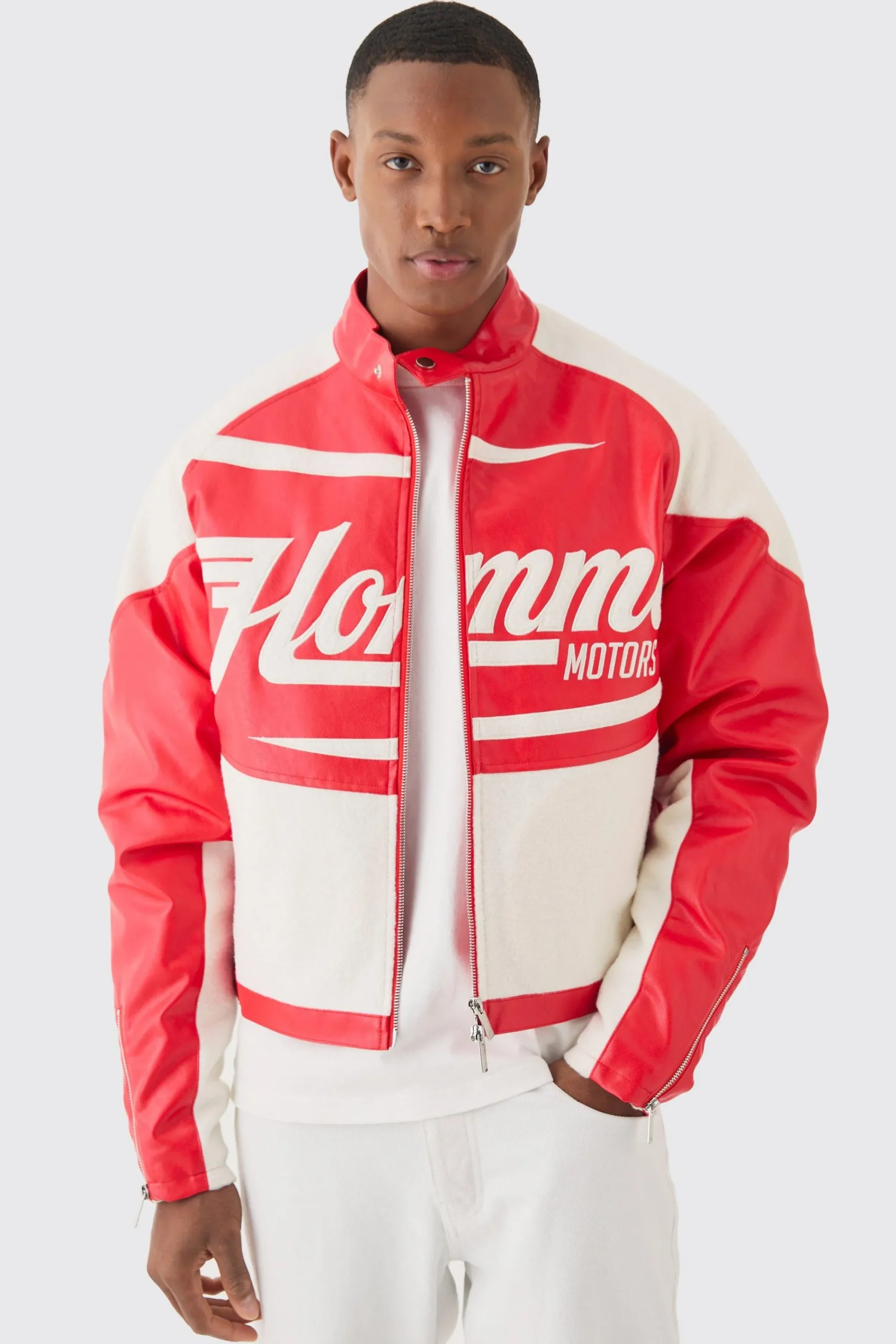 boohooMAN Boxy Pu Contrast Boucle Panel Moto Jacket | UK| Coats & Jackets