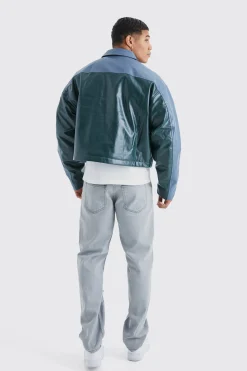 boohooMAN Boxy Pu Contrast Embroidery Bomber | UK| Coats & Jackets