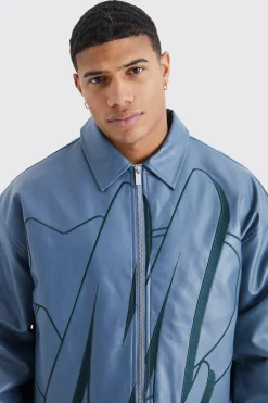 boohooMAN Boxy Pu Contrast Embroidery Bomber | UK| Coats & Jackets