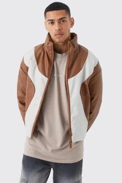 boohooMAN Boxy Pu Funnel Neck Panelled Bomber | UK| Coats & Jackets