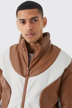 boohooMAN Boxy Pu Funnel Neck Panelled Bomber | UK| Coats & Jackets