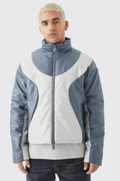 boohooMAN Boxy Pu Funnel Neck Panelled Bomber | UK| Coats & Jackets