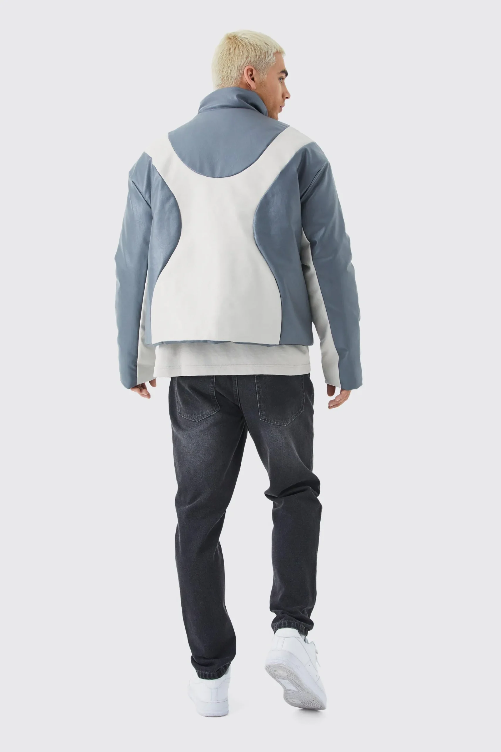 boohooMAN Boxy Pu Funnel Neck Panelled Bomber | UK| Coats & Jackets