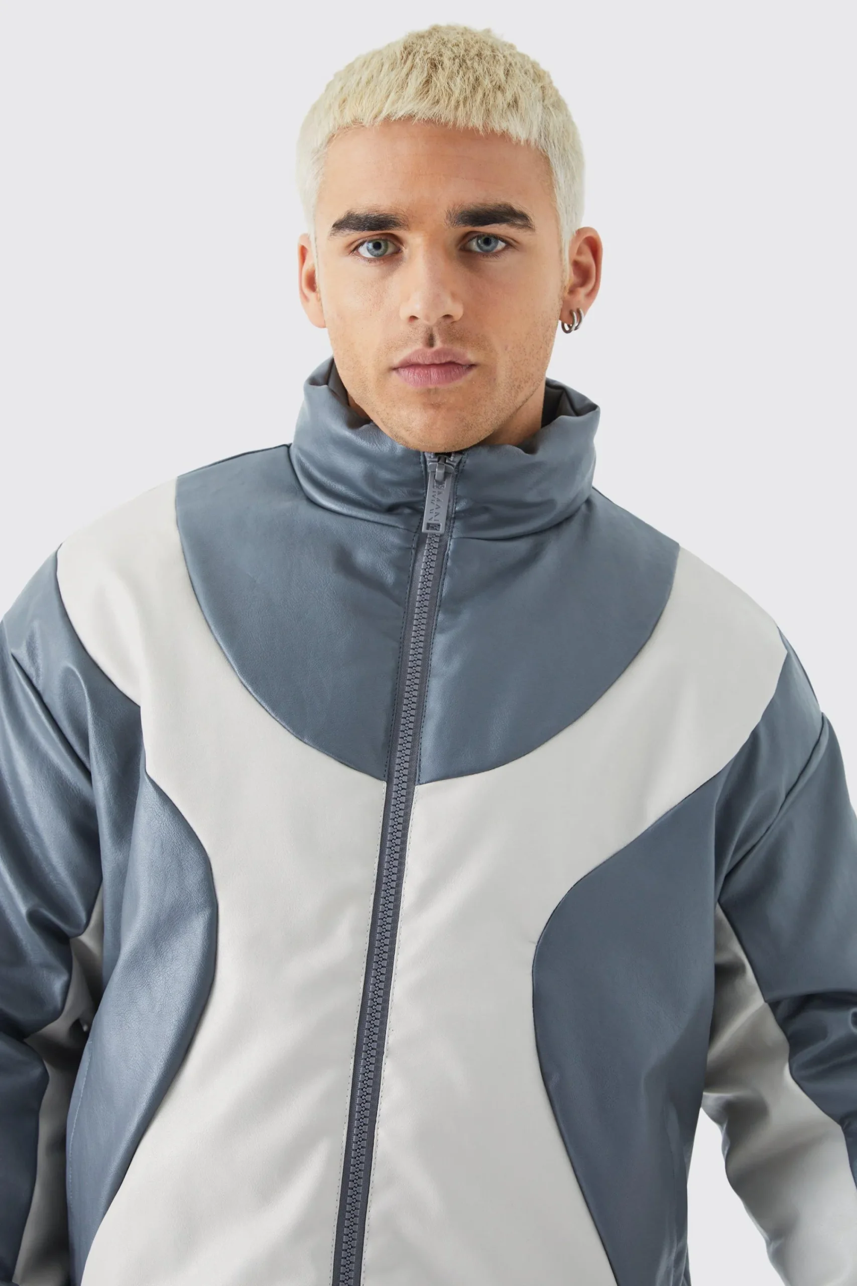 boohooMAN Boxy Pu Funnel Neck Panelled Bomber | UK| Coats & Jackets