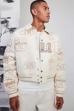 boohooMAN Boxy Pu Tonal Badge Varsity Jacket | UK| Coats & Jackets