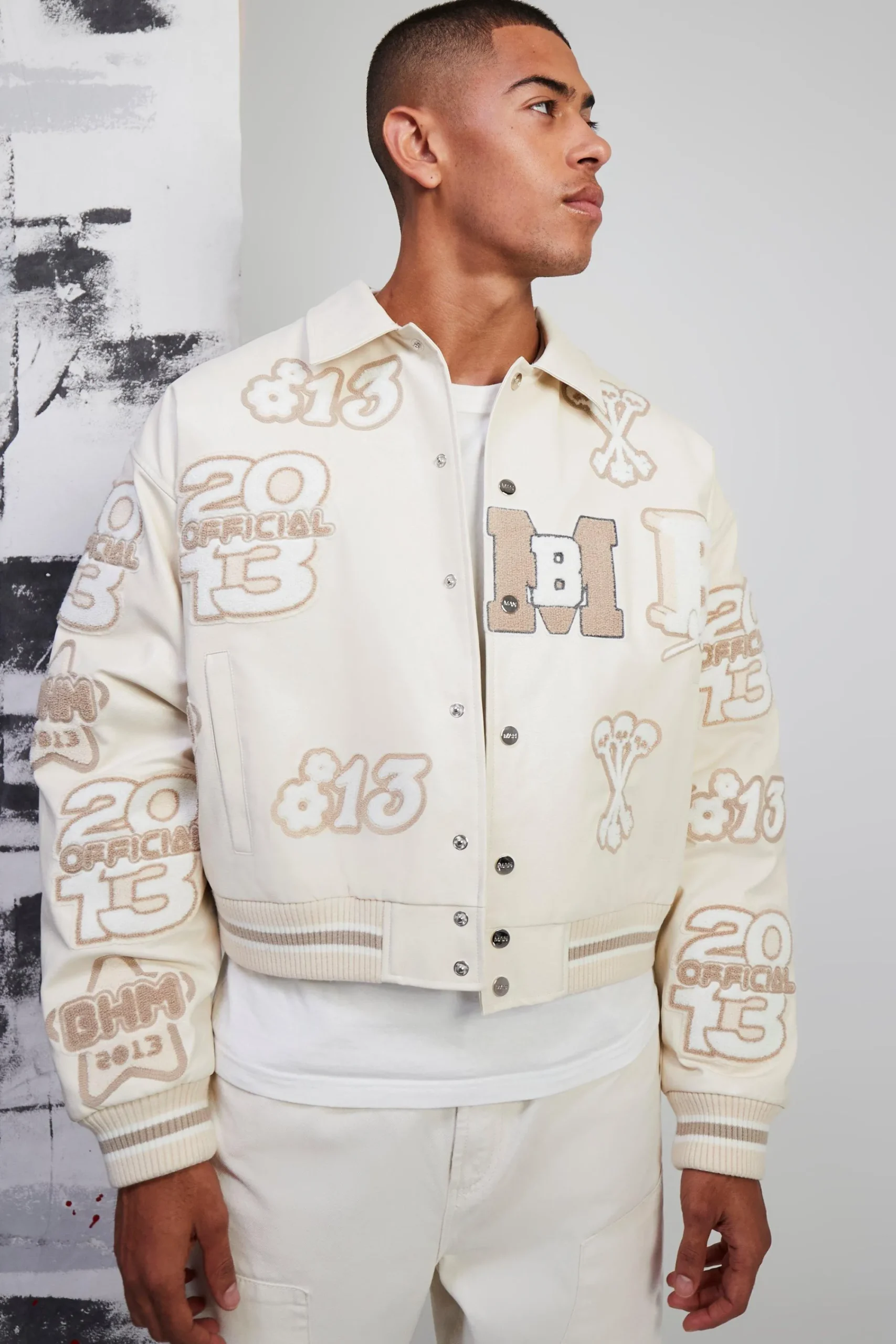 boohooMAN Boxy Pu Tonal Badge Varsity Jacket | UK| Coats & Jackets