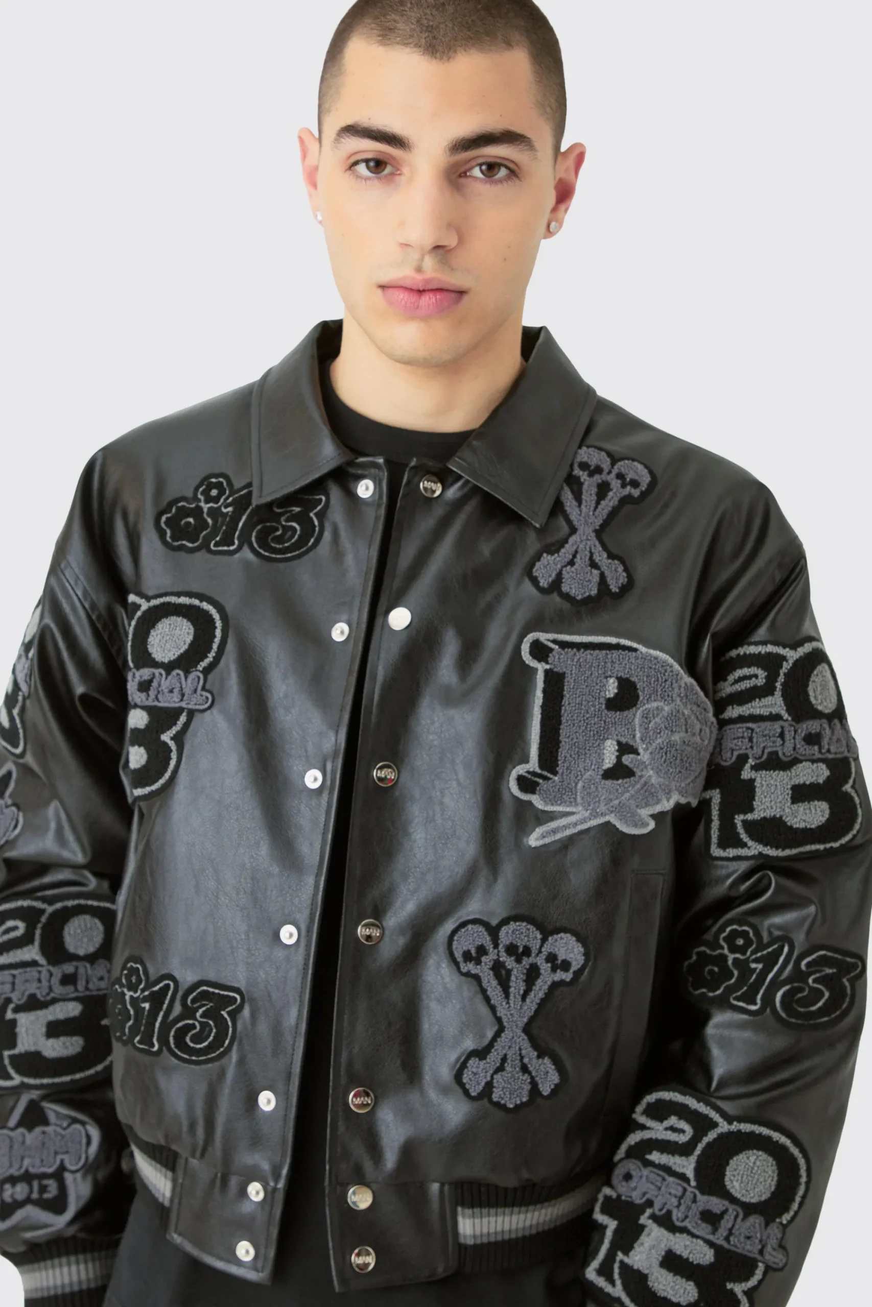 boohooMAN Boxy Pu Tonal Badge Varsity Jacket | UK| Coats & Jackets