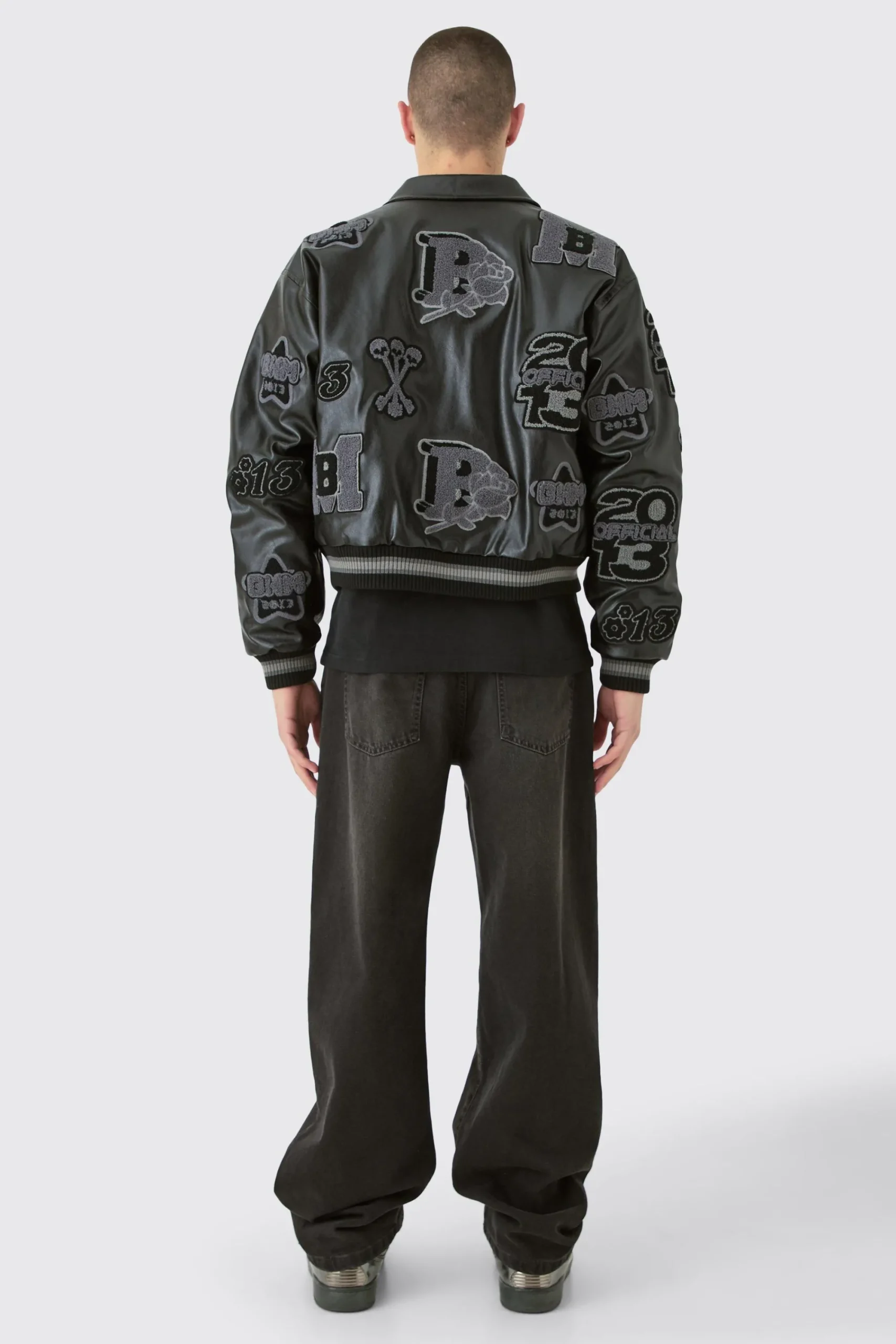 boohooMAN Boxy Pu Tonal Badge Varsity Jacket | UK| Coats & Jackets