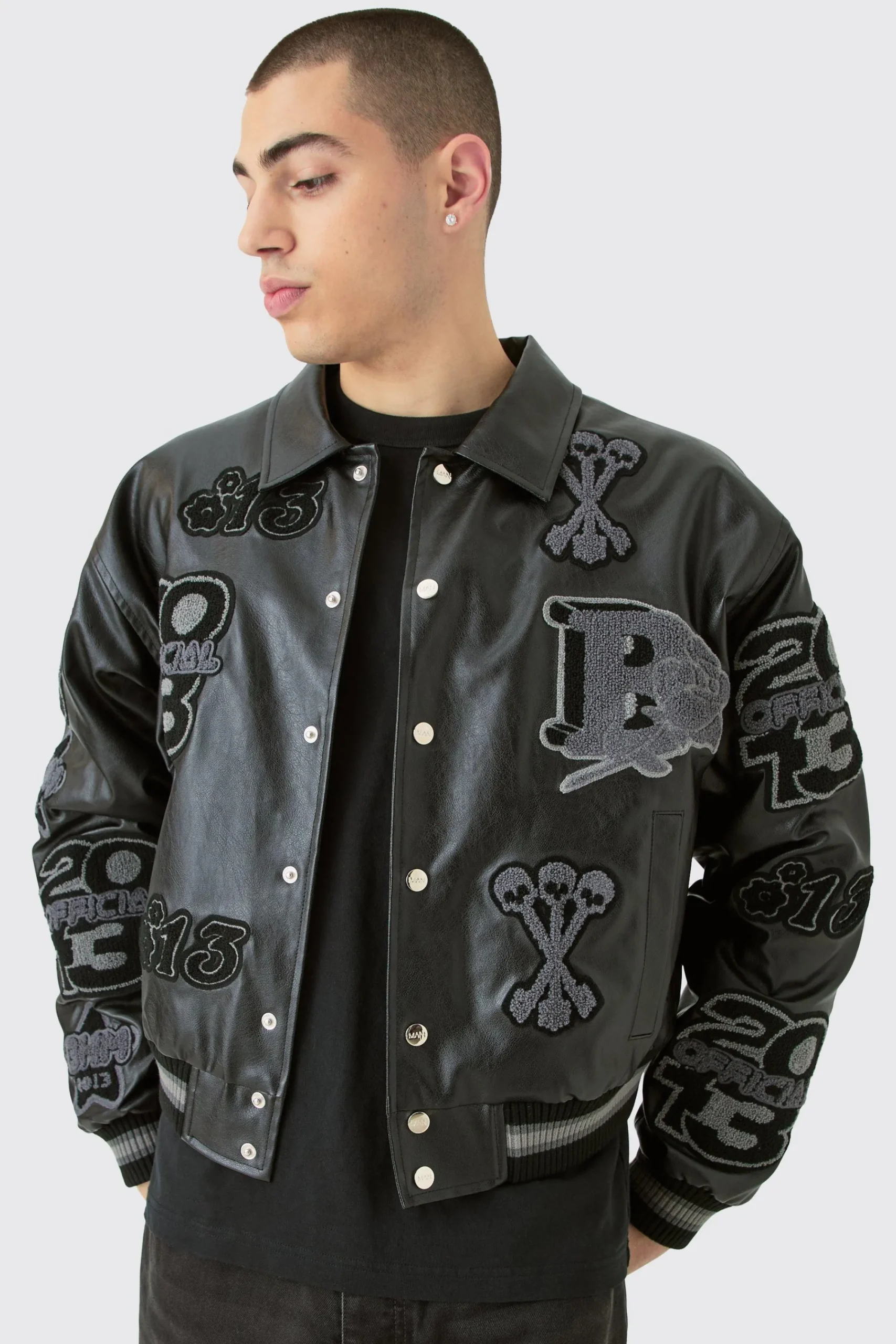 boohooMAN Boxy Pu Tonal Badge Varsity Jacket | UK| Coats & Jackets