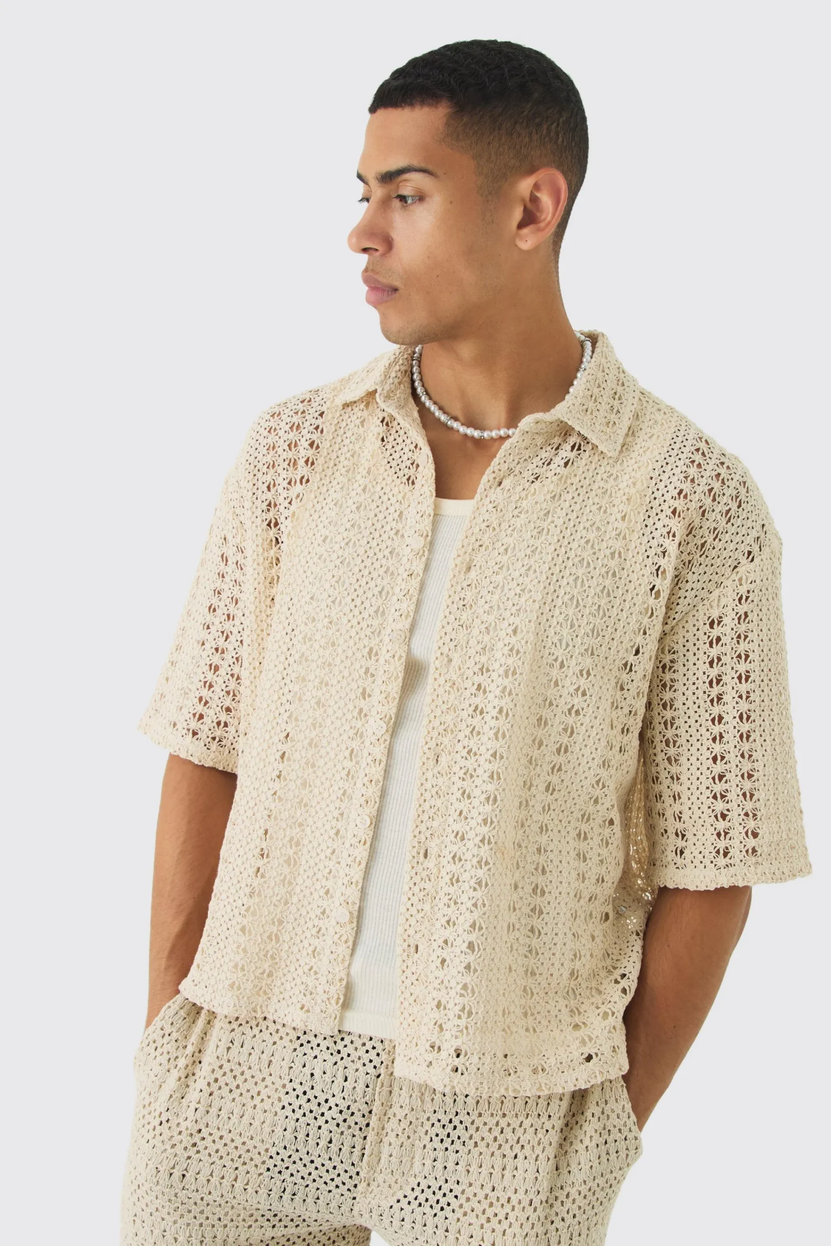 Boxy Revere Crochet Shirt | UK^boohooMAN Online