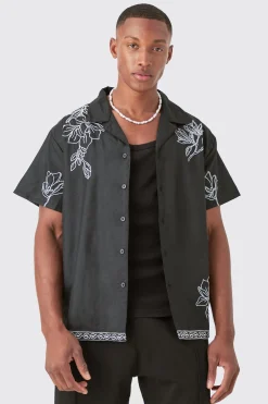 boohooMAN Boxy Revere Floral Pocket Embroidery Shirt | UK| Shirts