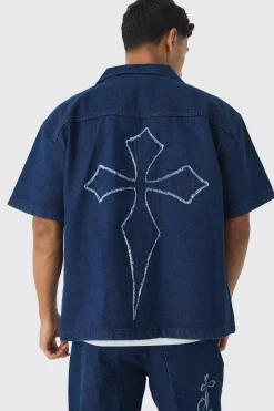 boohooMAN Boxy Revere Raw Edge Denim Cross Applique Shirt | UK| Shirts
