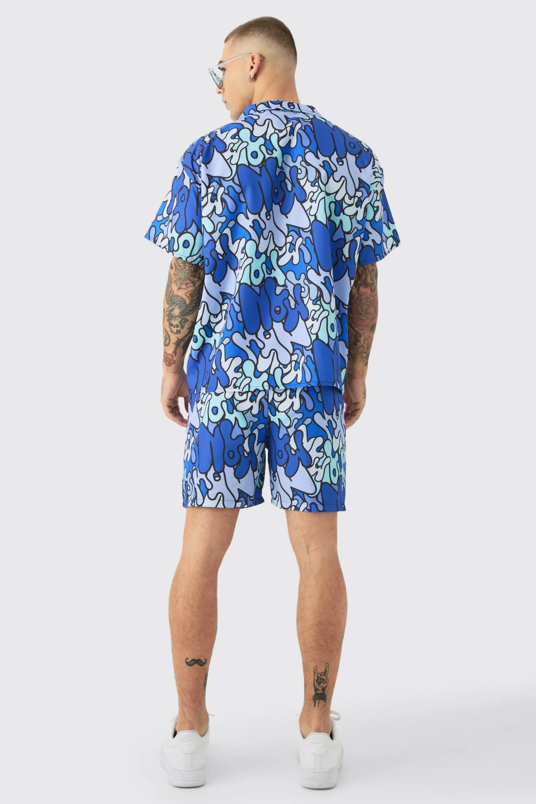 boohooMAN Boxy Ripstop Graffiti Shirt & Mid Swim Short Set | UK| Sets & Co-Ords