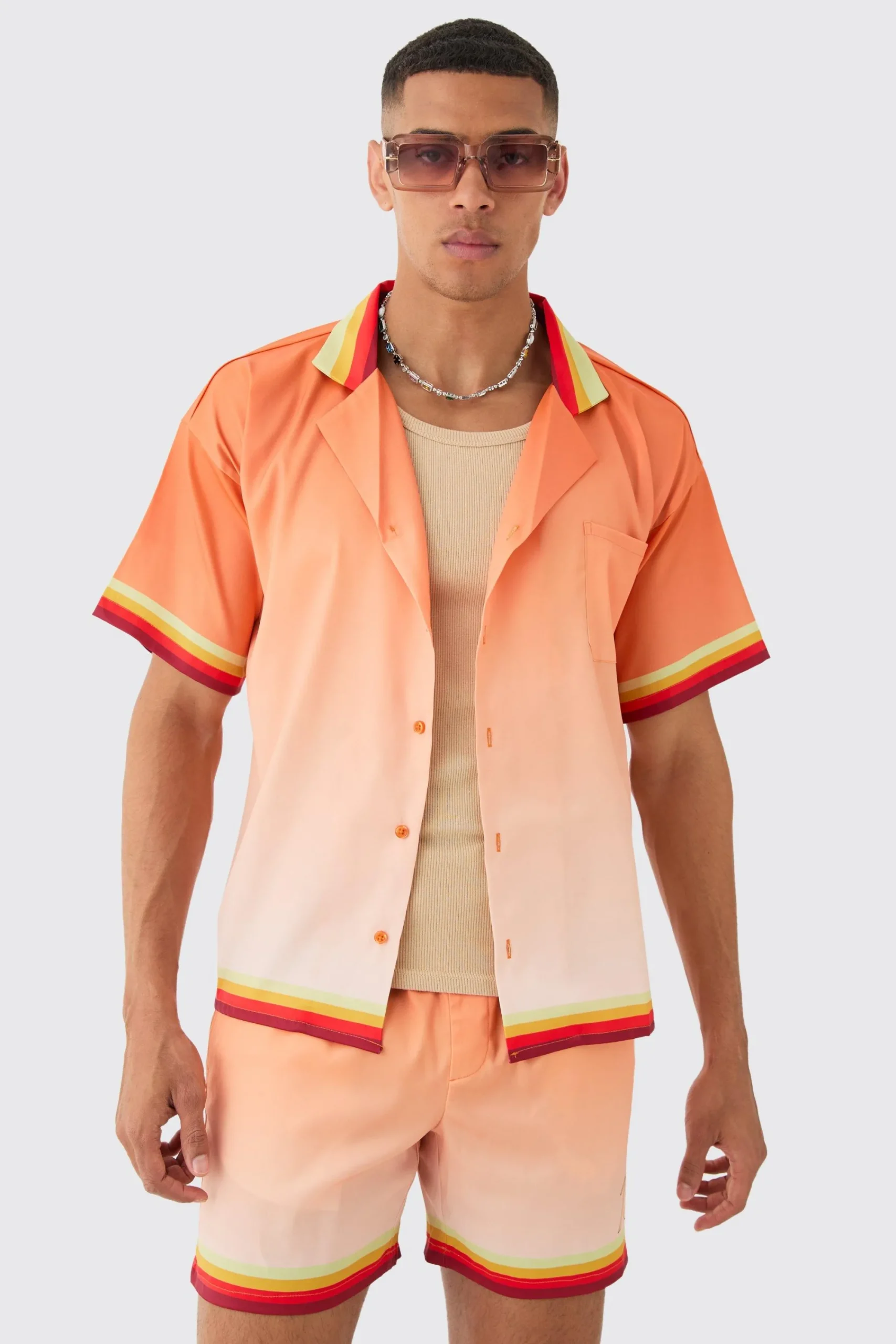 boohooMAN Boxy Satin Ombre Short Sleeve Shirt & Short Set | UK| Sets & Co-Ords