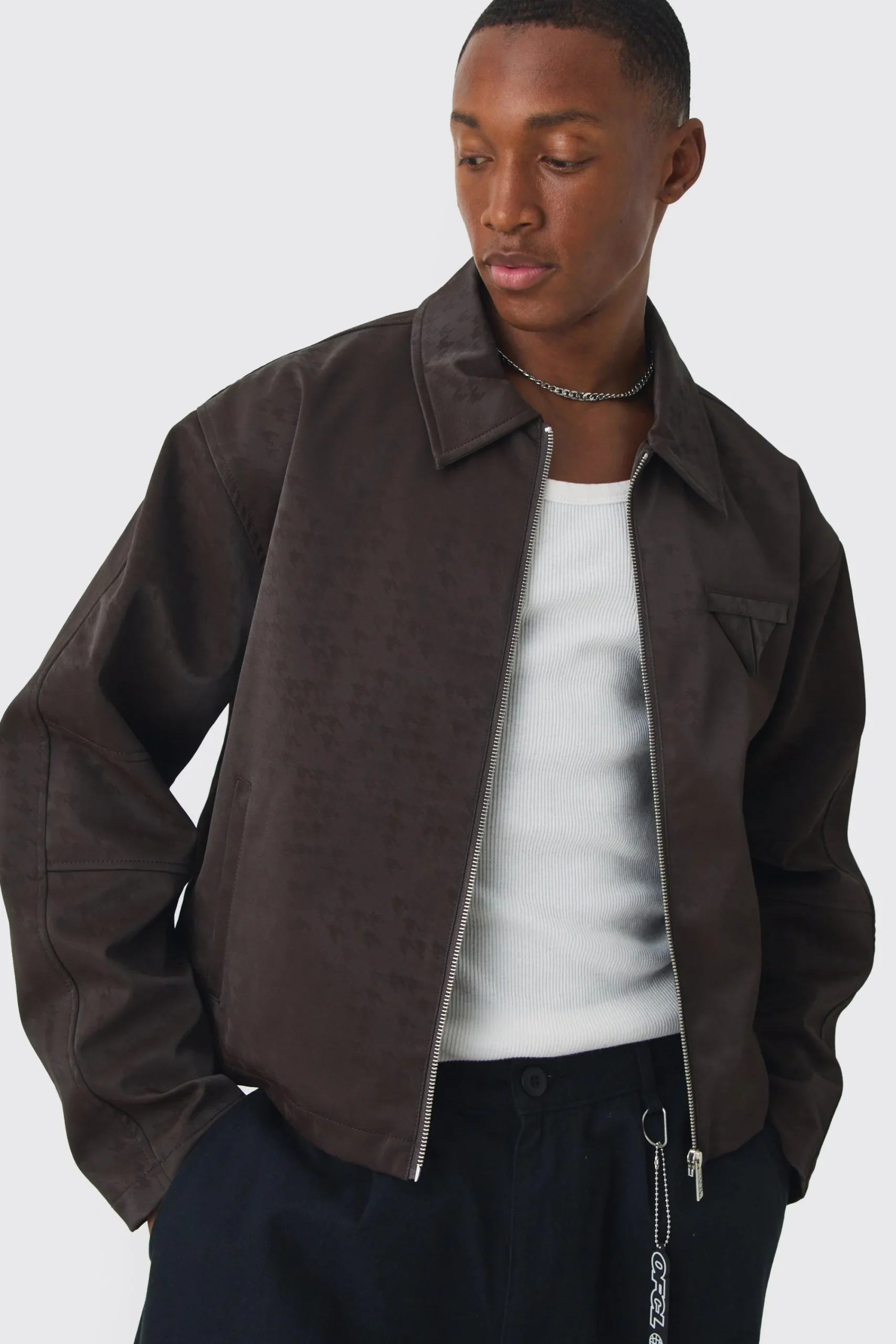 boohooMAN Boxy Satin PU Dogtooth Harrington Jacket In | UK| Coats & Jackets