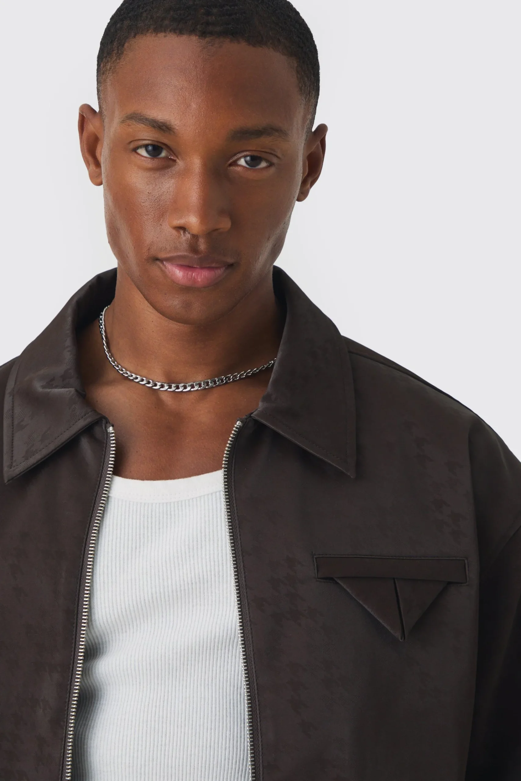 boohooMAN Boxy Satin PU Dogtooth Harrington Jacket In | UK| Coats & Jackets