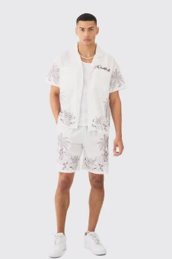 boohooMAN Boxy Seersucker Embroidered Floral Shirt & Short Set | UK| Sets & Co-Ords