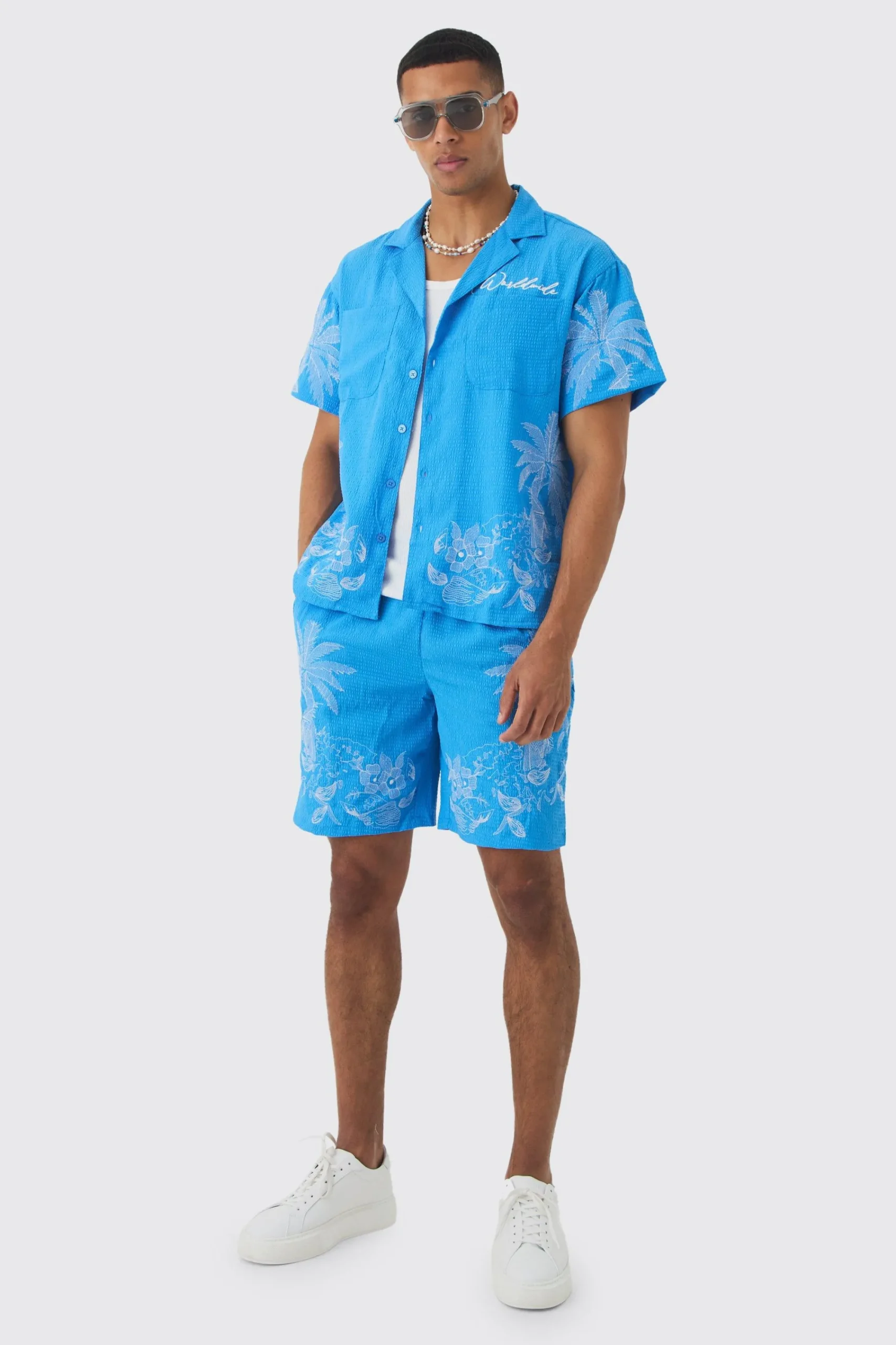 boohooMAN Boxy Seersucker Embroidered Floral Shirt & Short Set | UK| Sets & Co-Ords