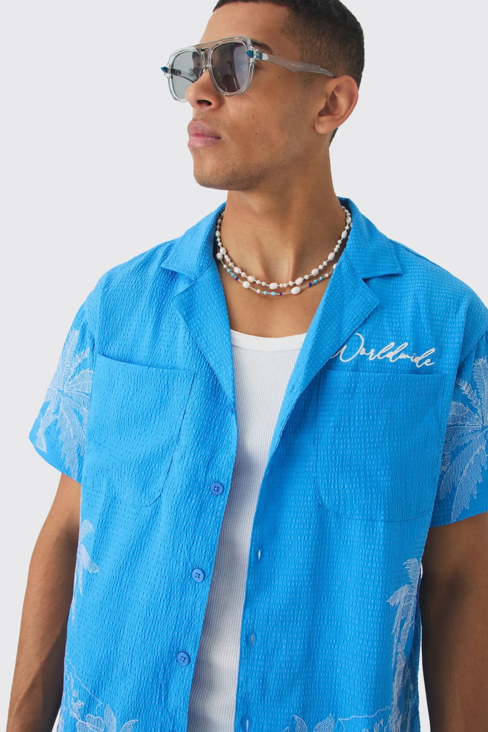 boohooMAN Boxy Seersucker Embroidered Floral Shirt & Short Set | UK| Sets & Co-Ords