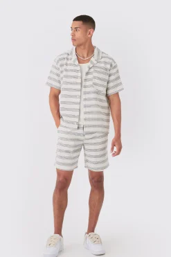 boohooMAN Boxy Short Sleeve Open Weave Shirt & Short Set | UK| Sets & Co-Ords