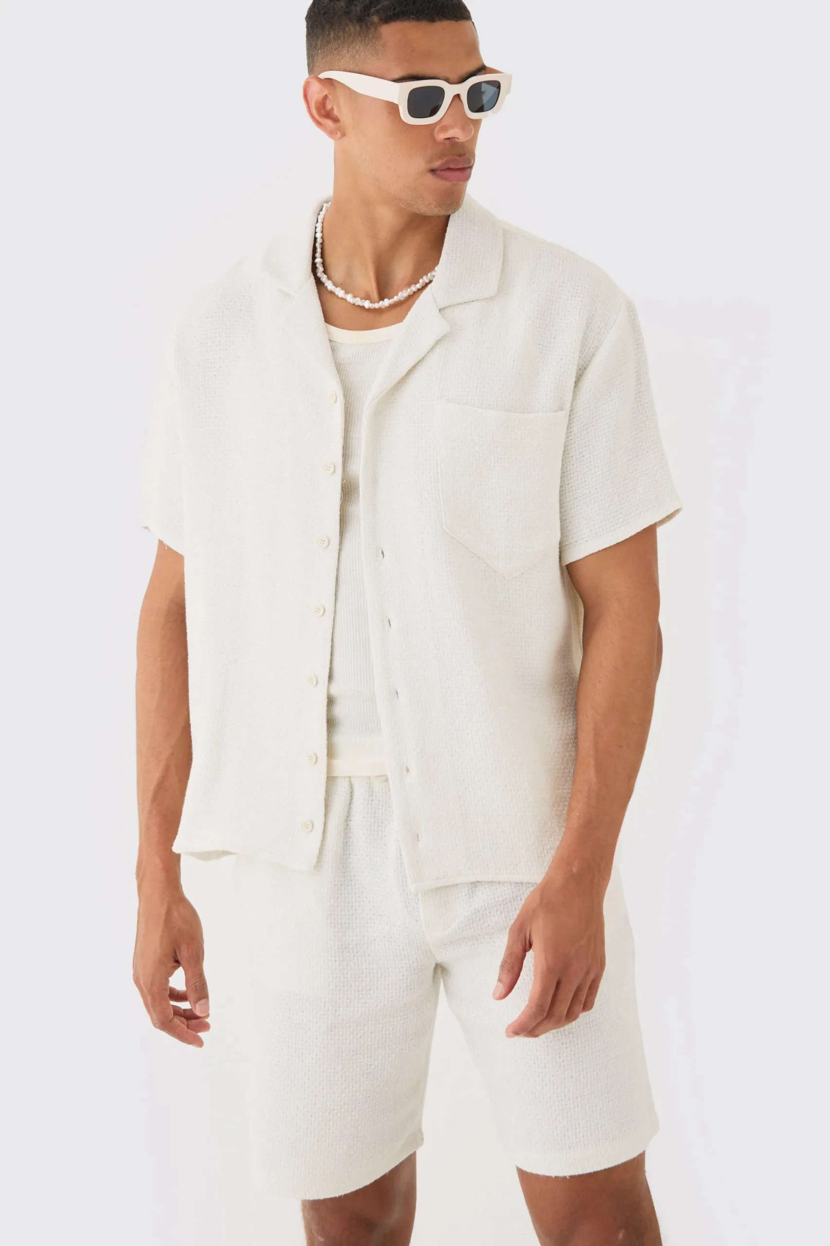 boohooMAN Boxy Short Sleeve Open Weave Shirt & Short Set | UK| Sets & Co-Ords