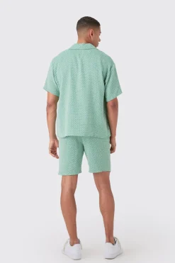 boohooMAN Boxy Short Sleeve Open Weave Shirt & Short Set | UK| Sets & Co-Ords