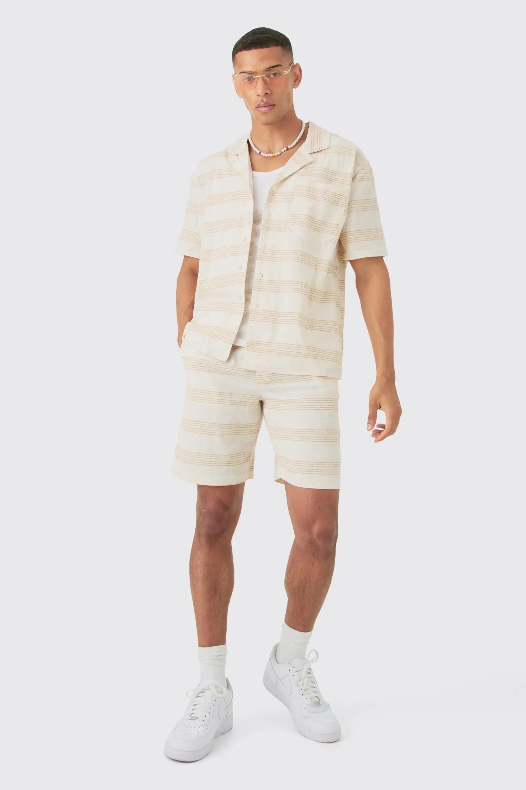 boohooMAN Boxy Short Sleeve Open Weave Shirt & Short Set | UK| Sets & Co-Ords