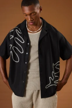 boohooMAN Boxy Soft Twill Cartoon Leaf Embroidered Shirt | UK| Shirts