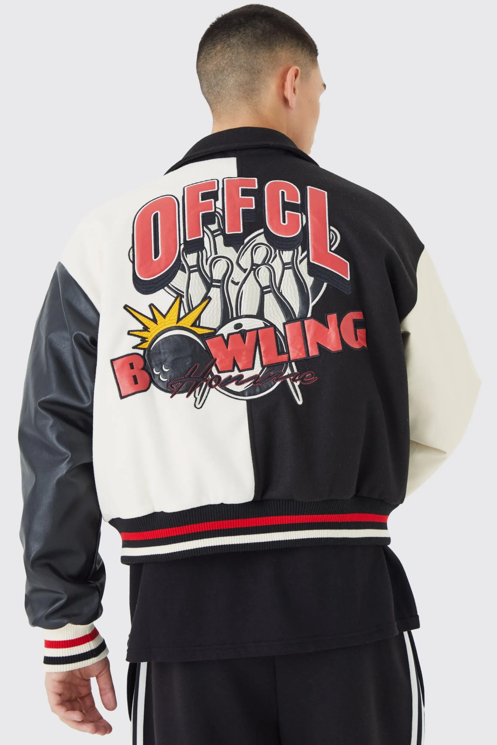 boohooMAN Boxy Spliced Melton & Pu Varsity Jacket | UK| Coats & Jackets