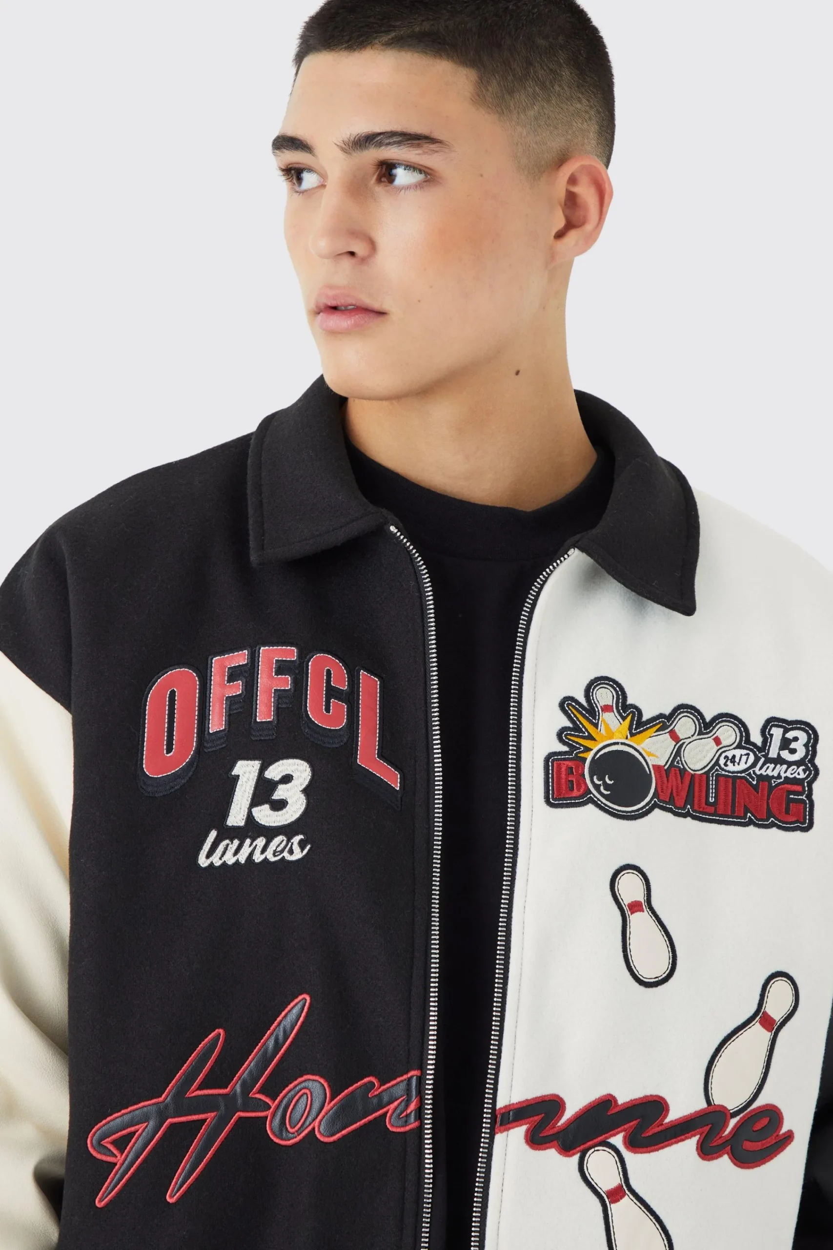 boohooMAN Boxy Spliced Melton & Pu Varsity Jacket | UK| Coats & Jackets