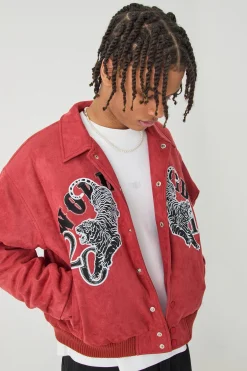 boohooMAN Boxy Suede Embroidered Varsity Jacket | UK| Coats & Jackets