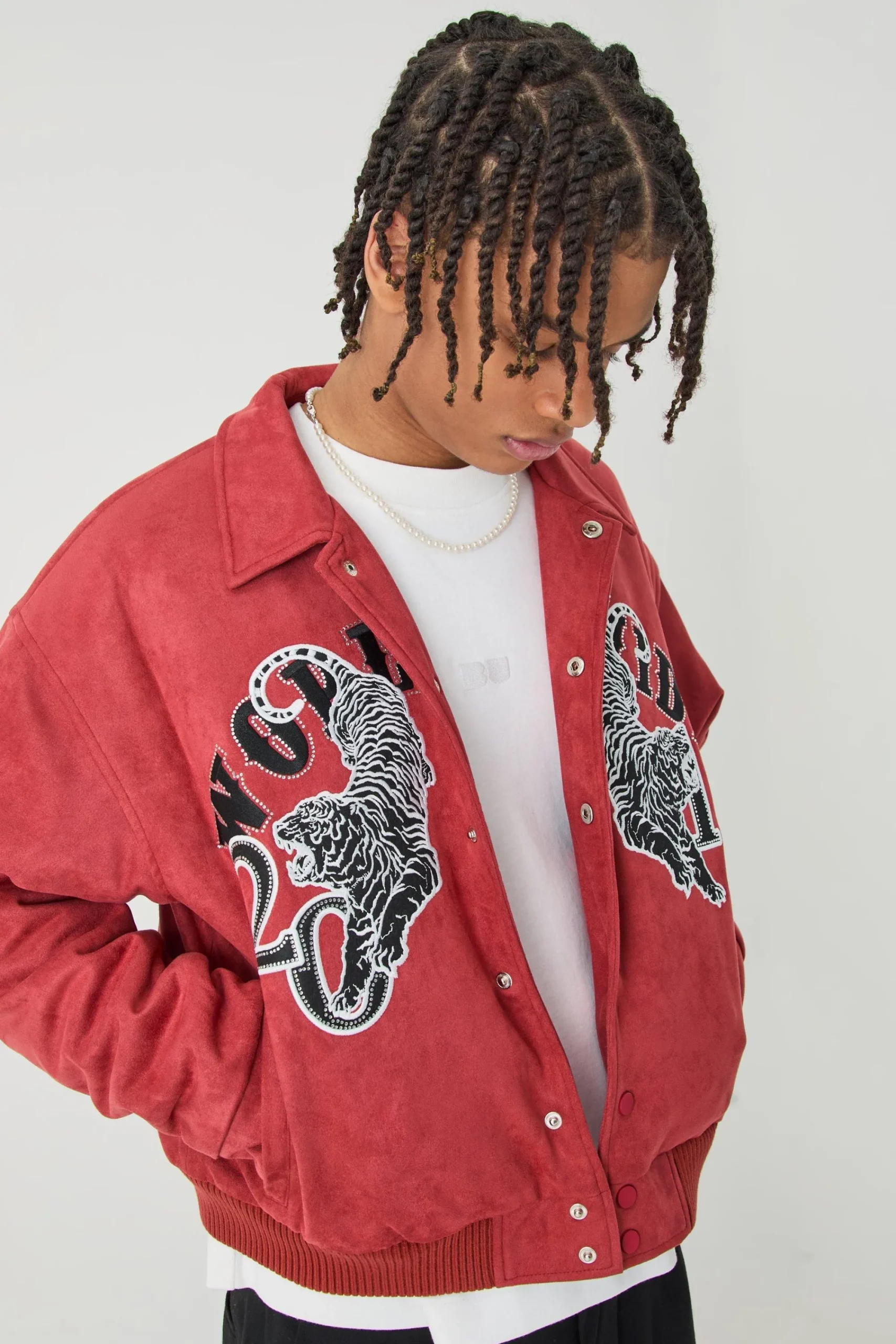boohooMAN Boxy Suede Embroidered Varsity Jacket | UK| Coats & Jackets