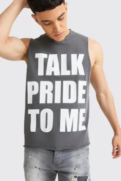 Boxy Talk Pride To Me Distressed Tank | UK^boohooMAN Clearance