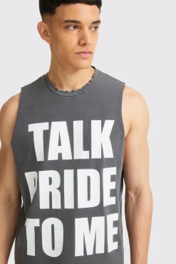Boxy Talk Pride To Me Distressed Tank | UK^boohooMAN Clearance