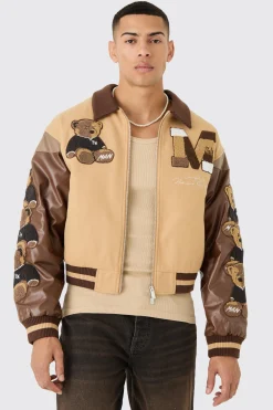 boohooMAN Boxy Teddy Badge Knitted Collar Varsity Jacket | UK| Coats & Jackets