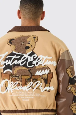 boohooMAN Boxy Teddy Badge Knitted Collar Varsity Jacket | UK| Coats & Jackets