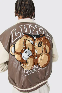 boohooMAN Boxy Teddy Varsity Jacket With Boucle Sleeves | UK| Coats & Jackets