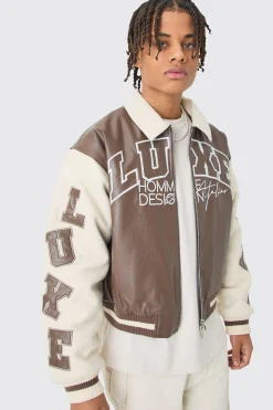 boohooMAN Boxy Teddy Varsity Jacket With Boucle Sleeves | UK| Coats & Jackets