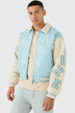 boohooMAN Boxy Teddy Varsity Jacket With Boucle Sleeves | UK| Coats & Jackets