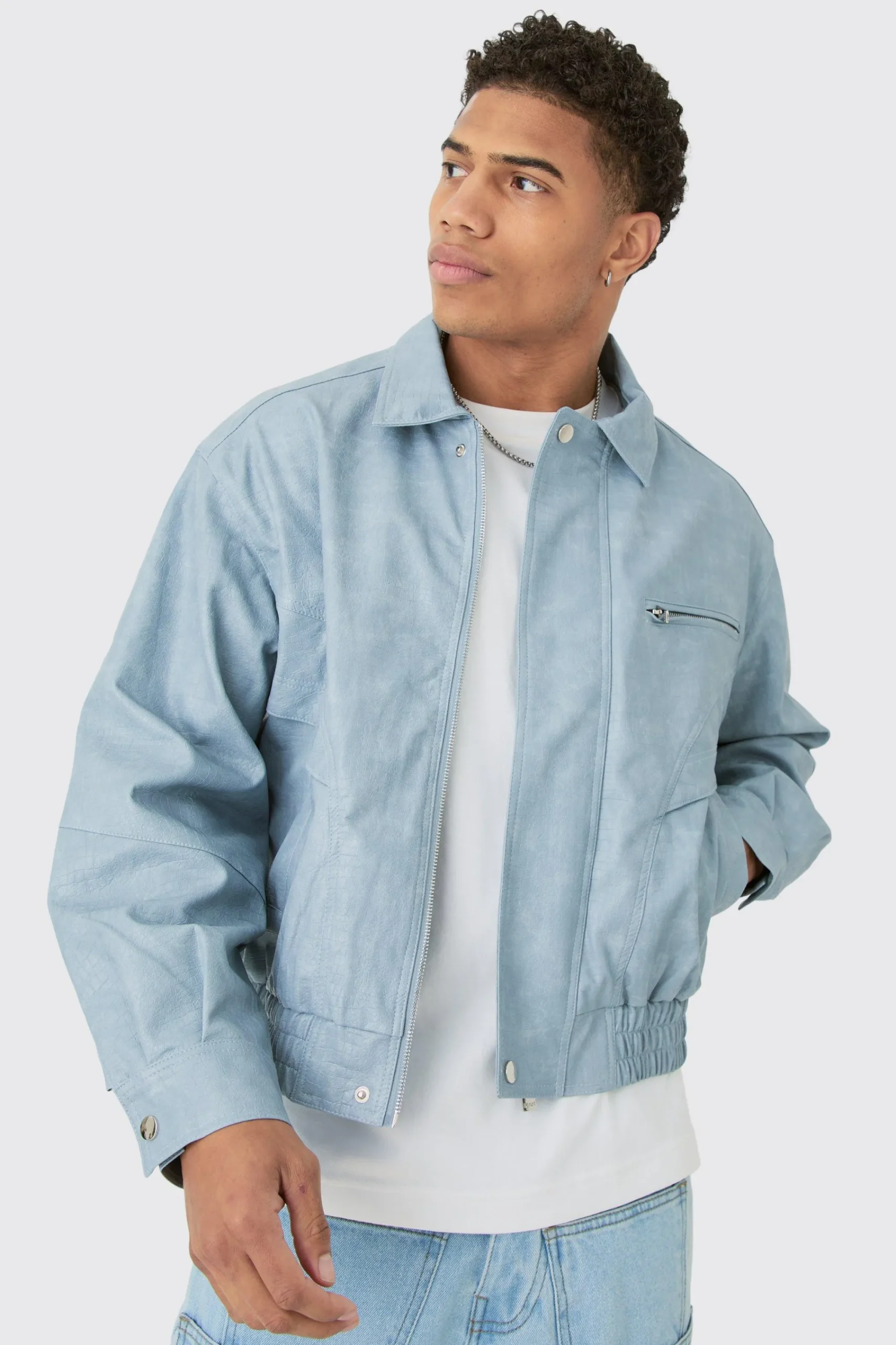 boohooMAN Boxy Textured Pu Bomber In | UK| Coats & Jackets