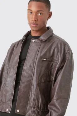 boohooMAN Boxy Textured Pu Bomber In | UK| Coats & Jackets