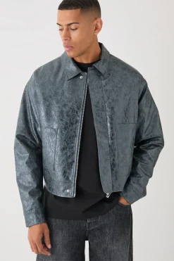 boohooMAN Boxy Textured Pu Harrington In | UK| Coats & Jackets