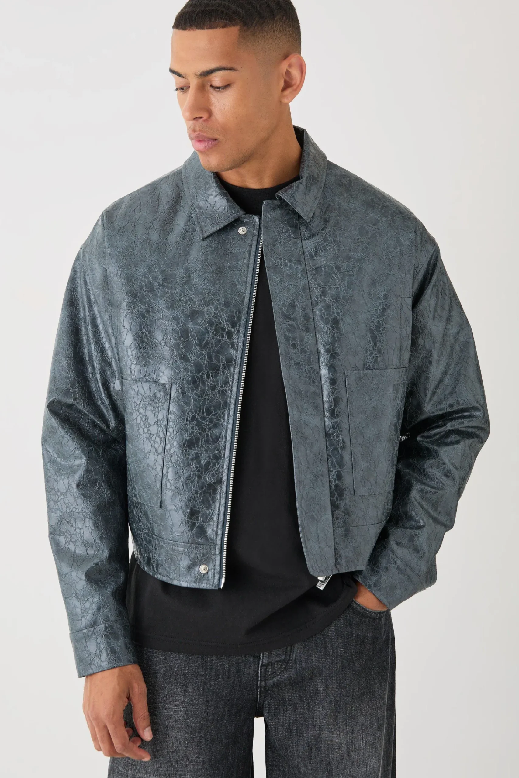 boohooMAN Boxy Textured Pu Harrington In | UK| Coats & Jackets