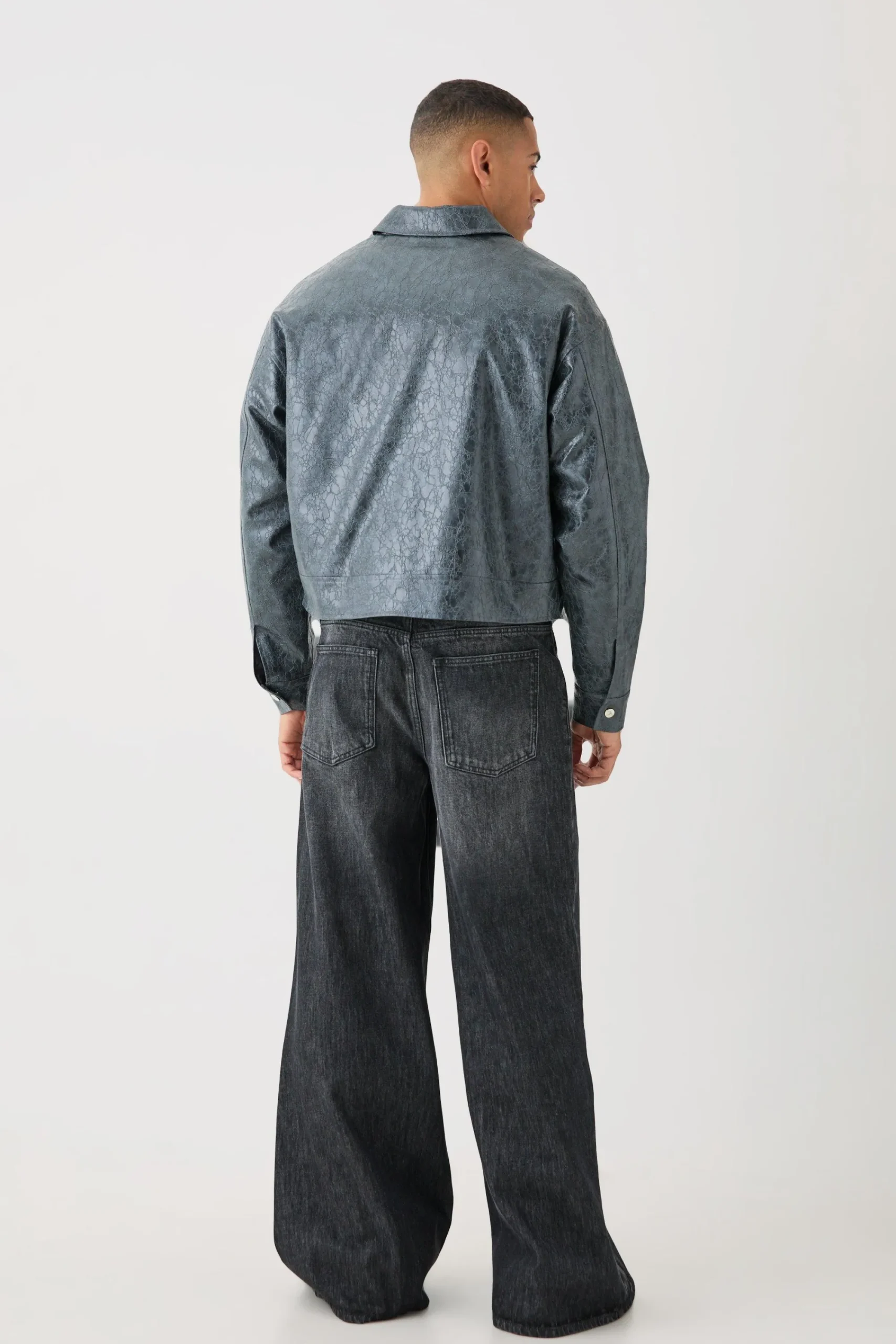 boohooMAN Boxy Textured Pu Harrington In | UK| Coats & Jackets