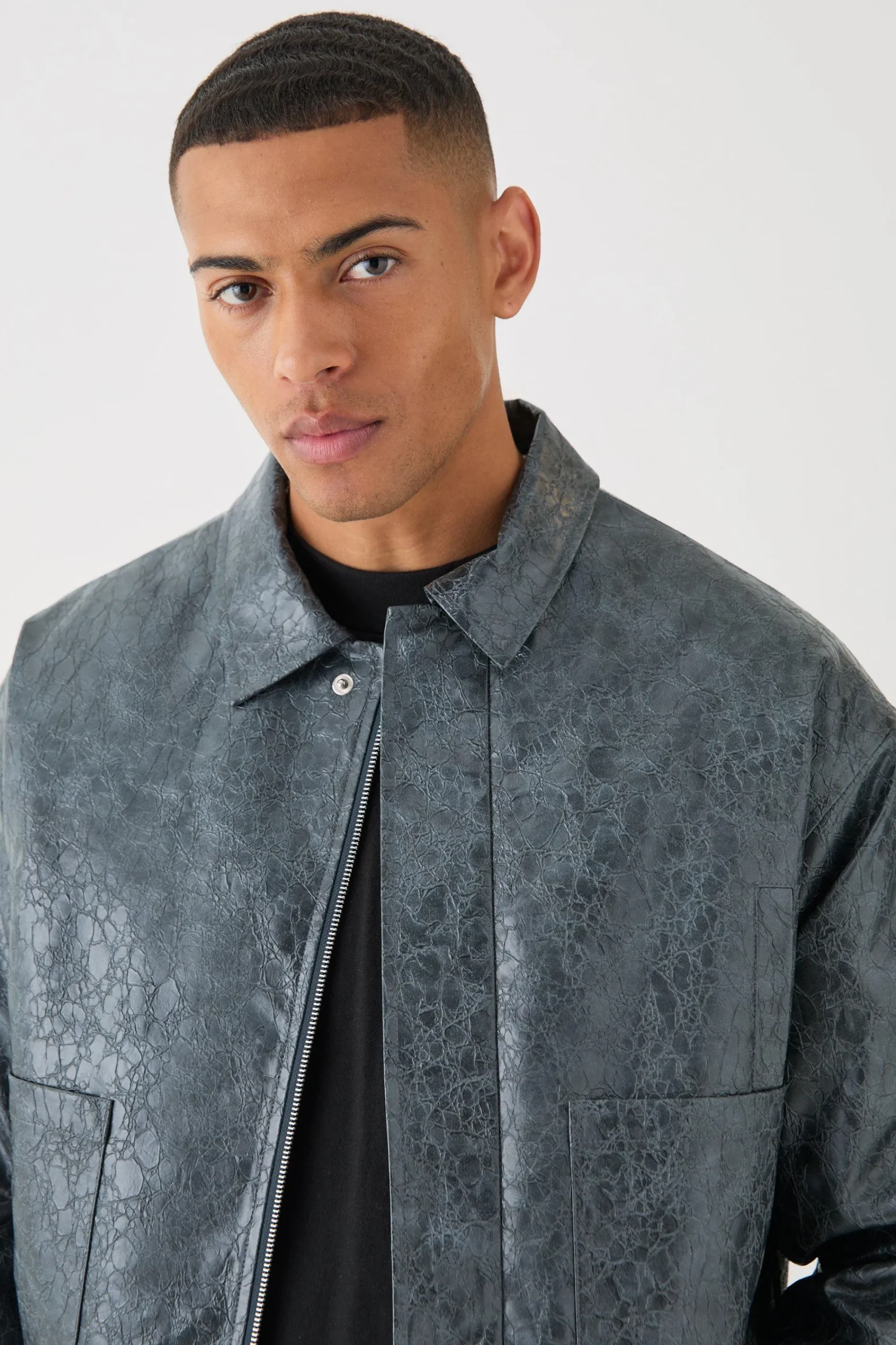 boohooMAN Boxy Textured Pu Harrington In | UK| Coats & Jackets