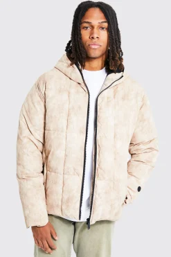 boohooMAN Boxy Tie Dye Square Panel Hooded Puffer | UK| Coats & Jackets