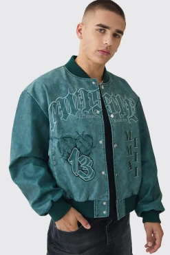boohooMAN Boxy Tonal Badge Tumbled Pu Varsity Jacket In | UK| Coats & Jackets